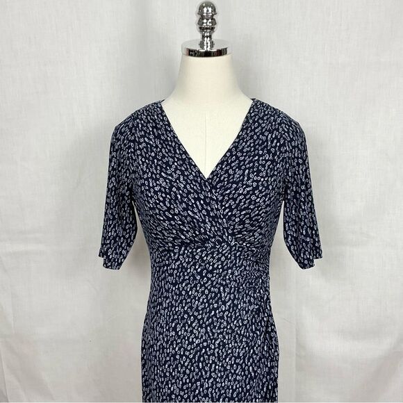 Lauren Ralph Lauren Ruched Dress Navy Printed Matte Jersey Knit Sz 6P Office - Picture 3 of 12
